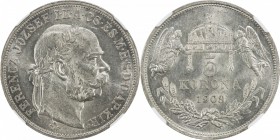 HUNGARY: Franz Joseph, 1848-1916, AR 5 korona, 1908-KB, KM-448, NGC graded MS63.

Estimate: USD 250-300