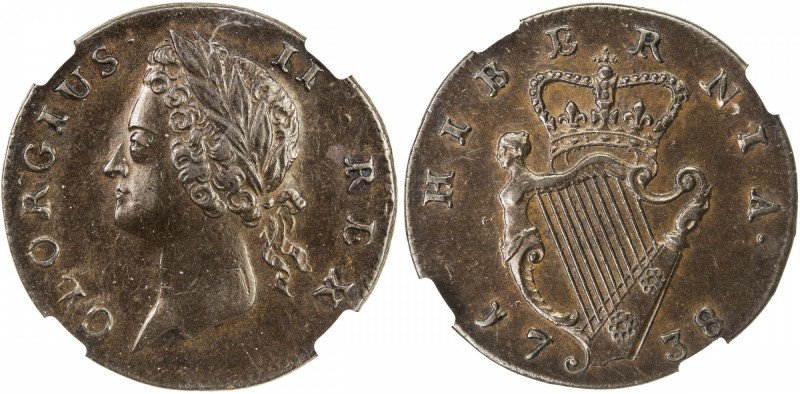 IRELAND: George II, 1727-1760, AE farthing, 1738, KM-126, Spink-6608, glossy bro...