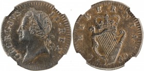 IRELAND: George II, 1727-1760, AE farthing, 1760, KM-135, Spink-6611, nice chocolate-brown surfaces, one-year type, NGC graded AU53 BN.

Estimate: U...