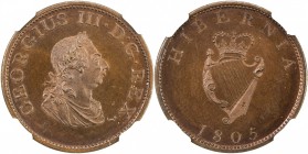 IRELAND: George III, 1760-1805, AE halfpenny, 1805, KM-147, engrailed edge, laureate, draped and cuirassed bust right, K at shoulder truncation // cro...