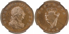 IRELAND: George III, 1760-1805, AE farthing, 1805, KM-146, engrailed edge, laureate, draped and cuirassed bust right // crowned harp, date below, NGC ...