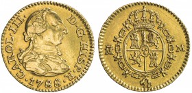 SPAIN: Carlos III, 1759-1788, AV ½ escudo (1.71g), Madrid, 1788-M, KM-425.1, assayer M, EF.

Estimate: USD 120-150