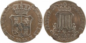 CATALONIA: Isabel II, 1833-1868, AE 6 quartos, 1843, KM-128, scarce date, NGC graded AU55 BR, S. 

Estimate: USD 80-100