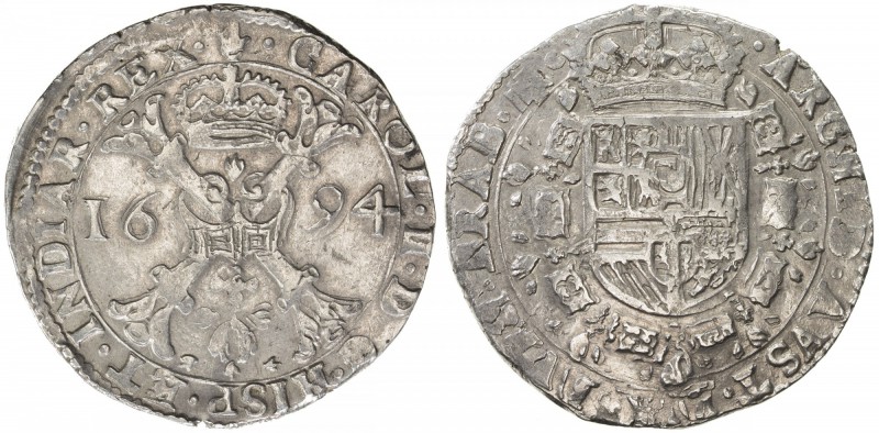 SPANISH NETHERLANDS: Charles II, 1665-1700, AR patagon (28.17g), Antwerp, 1694, ...