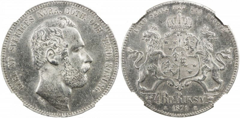 SWEDEN: Karl XV, 1859-1872, AR 4 riksdaler riksmynt, 1871, KM-726, mintmaster ST...