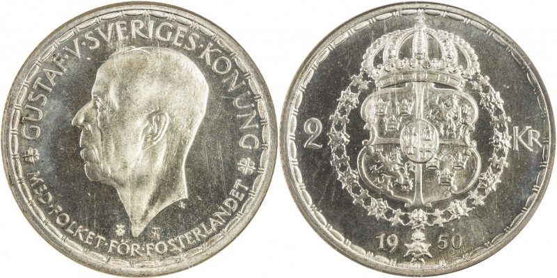 SWEDEN: Gustav V, 1907-1950, AR 2 kronor, 1950, KM-815, Sieg-63, initials TS, wo...