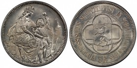 SCHAFFHAUSEN: 5 francs, 1865, KM-XS8, Richter-1054, Shooting Festival (Eidgenössisches Schützenfest) in Schaffhausen: woman seated, with a child holdi...