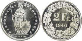 SWITZERLAND: AR 2 francs, 1940-B, KM-21, HMZ 2-1202-ee, beautiful cameo contrast, especially on reverse, old PCGS holder with green tag, PCGS graded S...