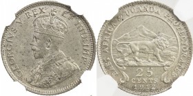 EAST AFRICA & UGANDA: George V, 1910-1936, AR 25 cents, 1912, KM-10, NGC graded MS61.

Estimate: USD 100-120
