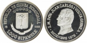 EQUATORIAL GUINEA: AR 1000 bipkwele, [19]80, KM-M2 (incorrect on holder), Bruce-X5. Y-13, medallic issue for the 1979 Spanish Royalty Visit, mintage o...