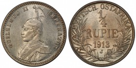 GERMAN EAST AFRICA: Wilhelm II, 1891-1918, AR ¼ rupie, 1913-J, KM-8, lustrous surfaces, PCGS graded AU58.

Estimate: USD 100-125