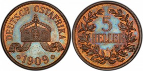 GERMAN EAST AFRICA: Wilhelm II, 1891-1918, AE 5 heller, 1909-J, KM-11, a lovely lightly toned red brown lustrous proof example! PCGS graded Proof 64+....