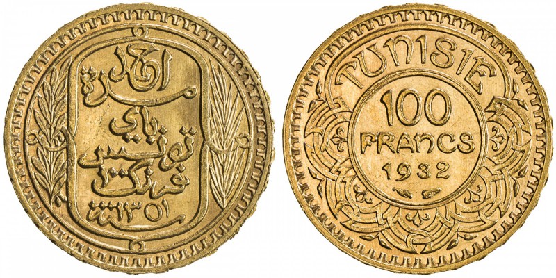 TUNISIA: Ahmad Pasha Bey, 1929-1942, AV 100 francs, 1932/AH1351, KM-257, UNC

...