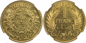 TUNISIA: Muhammad VIII, 1943-1956, franc, 1945/AH1364, KM-PE3, Lec-242, piéfort ESSAI of KM-247, mintage of 104 pieces, NGC graded MS64, R. 

Estima...