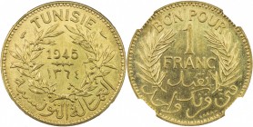 TUNISIA: Muhammad VIII, 1943-1956, franc, 1945/AH1364, KM-PE3, Lec-242, piéfort ESSAI of KM-247, mintage of 104 pieces, NGC graded MS65, R. 

Estima...