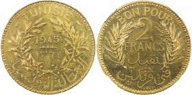 TUNISIA: Muhammad VIII, 1943-1956, 2 francs, 1945/AH1364, KM-PE4, Les-296, piéfort ESSAI of KM-248, mintage of 104 pieces, NGC graded MS65, R. 

Est...