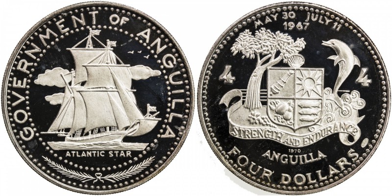 ANGUILLA: British Territory, AR 4 dollars, 1970, KM-18.2, Sailing ship - the "At...