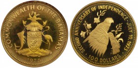 BAHAMAS: Commonwealth, AV 100 dollars, 1975, KM-77, Fr-23, Second Anniversary of Independence; Bahama Parrot (Amazona leucocephala bahamensis), in ori...
