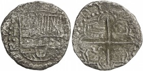 BOLIVIA: Felipe III, 1598-1621, AR 4 reales cob (9.82g), ND [1616-7]-P, KM-9, Sedwick-P18, assayer M, saltwater corrosion and light encrustation, near...