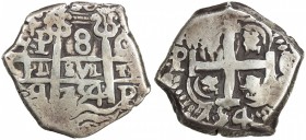 BOLIVIA: Carlos III, 1759-1788, AR 8 reales (26.90g), [1]754-P, KM-40, Paoletti-422, assayers C and q, nearly full pillars and cross, two dates, three...