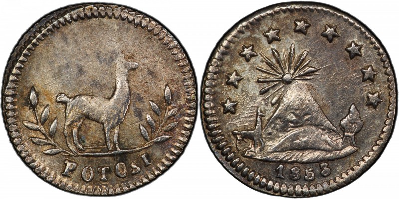 BOLIVIA: Republic, AR ¼ sol, 1853, KM-117, rare one-year type and superb example...