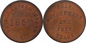 PRINCE EDWARD ISLAND: AE ½ penny token, 1857, Charlton-PE-7C1, Breton-919, large clover - large AND variety, medallic die axis strike, PCGS graded MS6...