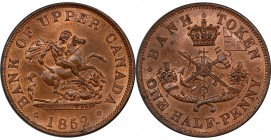 CANADA: AE halfpenny token, 1852, KM-Tn2, PC-5B2, Bank of Upper Canada issue, scarcer variety with coin die axis orientation, PCGS graded MS64 RB. Str...