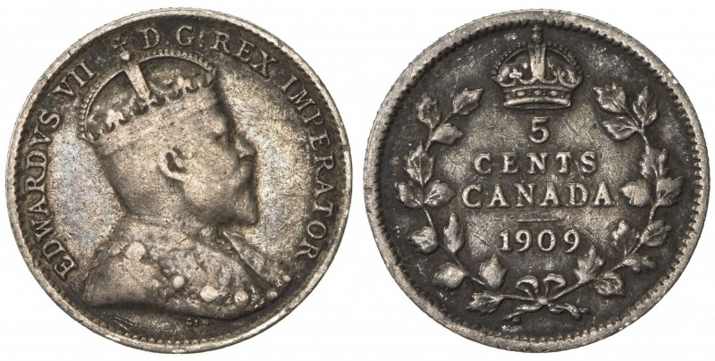 CANADA: Edward VII, 1901-1910, AR 5 cents, 1909, KM-13, round leaves, cross / bo...