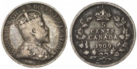 CANADA: Edward VII, 1901-1910, AR 5 cents, 1909, KM-13, round leaves, cross / bow tie variety, somewhat darkly toned, Fine, R. 

Estimate: USD 220-2...