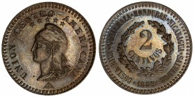 CENTRAL AMERICAN UNION: AE 2 centavos, 1889, KM-X-E22, essai, Central American Union Confederation, contact marks on obverse, beautifully toned and at...