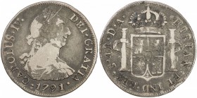 CHILE: Carlos IV, 1788-1808, AR 4 reales, 1791/0-So, KM-38, Cr-40, assayer DA, with ordinal IV, but bust of Carlos III, with obverse scratch and rever...