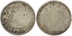 COLOMBIA: Carlos III, 1759-1788, AR real, 1772-NR, KM-46.1, assayer VJ, struck at the Santa Fe de Nuevo Reino (Bogotá) mint, rare date, ANACS graded A...