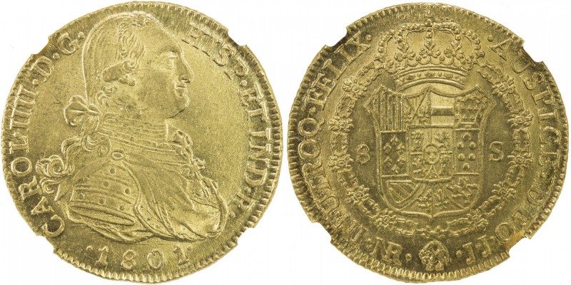 COLOMBIA: Carlos IV, 1788-1808, AV 8 escudos, 1801-NR, KM-62.1, assayer JJ, stru...