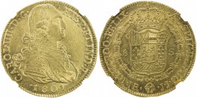 COLOMBIA: Carlos IV, 1788-1808, AV 8 escudos, 1801-NR, KM-62.1, assayer JJ, struck at the Santa Fe de Nuevo Reino (Bogotá) mint, a lovely example! NGC...