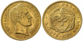 COLOMBIA: Republic, AV 10 pesos, 1924, KM-202, aligned date variety, AU

Estimate: USD 600-700
