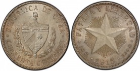 CUBA: AR 40 centavos, Philadelphia mint, 1915, KM-14.2, very lightly cleaned, retoning, medium relief star, rare subtype, PCGS graded Unc details, R. ...