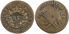 FRENCH WEST INDIES: AE 3 sous, 9 deniers, ND [1793], KM-1, countermarked with RF raised within a beaded oval indent on a Louis XV French Colonies 12 d...