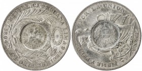 GUATEMALA: AR peso, 1894, KM-224, 1894 ½ real dies counterstamped on 1894TF Peru sol (KM-196.26), obverse die of counterstamp lightly rusted, with old...