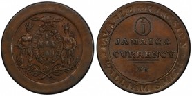 JAMAICA: AE token penny, ND (ca. 1829), Prid-132, issued by William Smith: arms of Jamaica within raised rims // denomination 1d in oval, text PAYABLE...