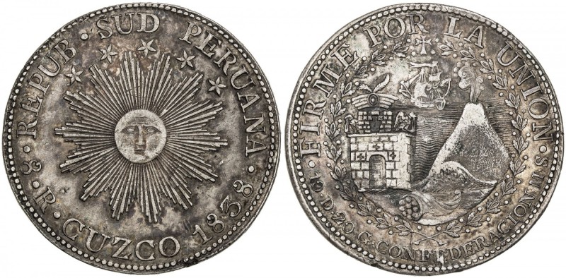 PERU: Republic, AR 8 reales, 1838 CUZCO, KM-170.4, South Peru issue, sunface // ...