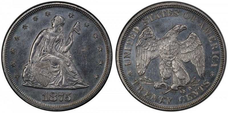 UNITED STATES: 20 cents, 1875, PCGS graded AU details, Seated Liberty type, inte...