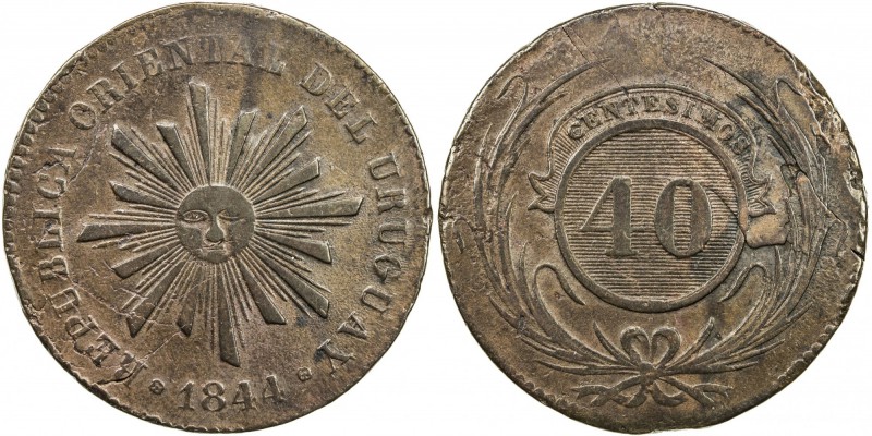 URUGUAY: Republic, AE 40 centesimos (33.36g), 1844, KM-3, many flan defects and ...