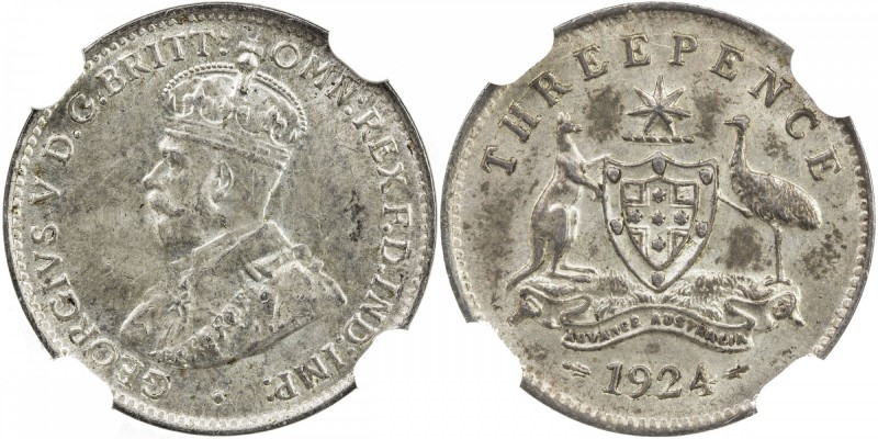 AUSTRALIA: George V, 1910-1936, AR 3 pence, 1924 (m & sy), KM-24, rare in this g...