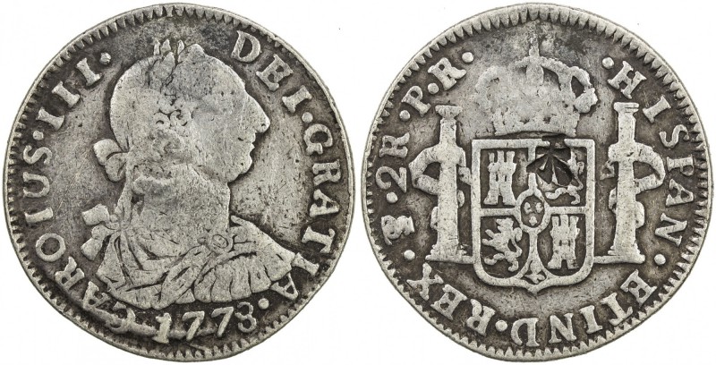CHINESE CHOPMARKS: BOLIVIA: Carlos III, 1759-1788, AR 2 reales, 1773-PTS, KM-43,...