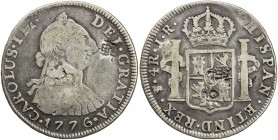 CHINESE CHOPMARKS: BOLIVIA: Carlos III, 1759-1788, AR 4 reales, 1776-PTS, KM-54, assayer JR, several large Chinese merchant chopmarks, Fine.

Estima...