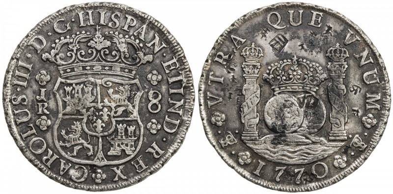 CHINESE CHOPMARKS: BOLIVIA: Carlos III, 1759-1788, AR 8 reales, 1770-PTS, KM-45,...