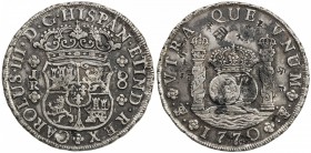 CHINESE CHOPMARKS: BOLIVIA: Carlos III, 1759-1788, AR 8 reales, 1770-PTS, KM-45, "Columnario " or "Pillar dollar " type, assayer JR, several large and...