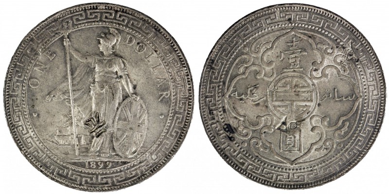 CHINESE CHOPMARKS: GREAT BRITAIN: AR trade dollar, 1899-B, KM-T5, with large Chi...