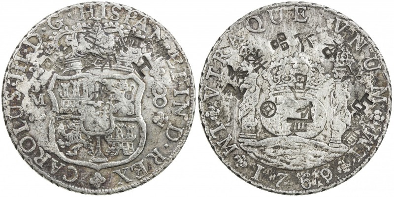 CHINESE CHOPMARKS: PERU: Carlos III, 1759-1788, AR 8 reales, 1769-LM, KM-A64.2, ...