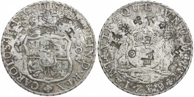 CHINESE CHOPMARKS: PERU: Carlos III, 1759-1788, AR 8 reales, 1769-LM, KM-A64.2, "Columnario " or "Pillar dollar " type, assayer JM, dot above one mint...